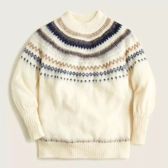 J Crew sweater Women's Fair Isle yoke puff-sleeve neutral classic traditional‎ - Picture 2 of 10